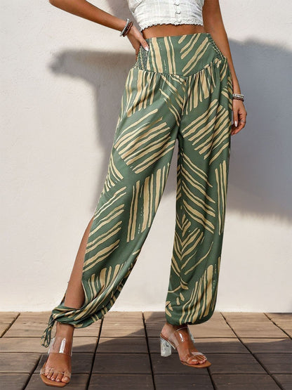 Smocked Slit Printed High Waist Pants Moss