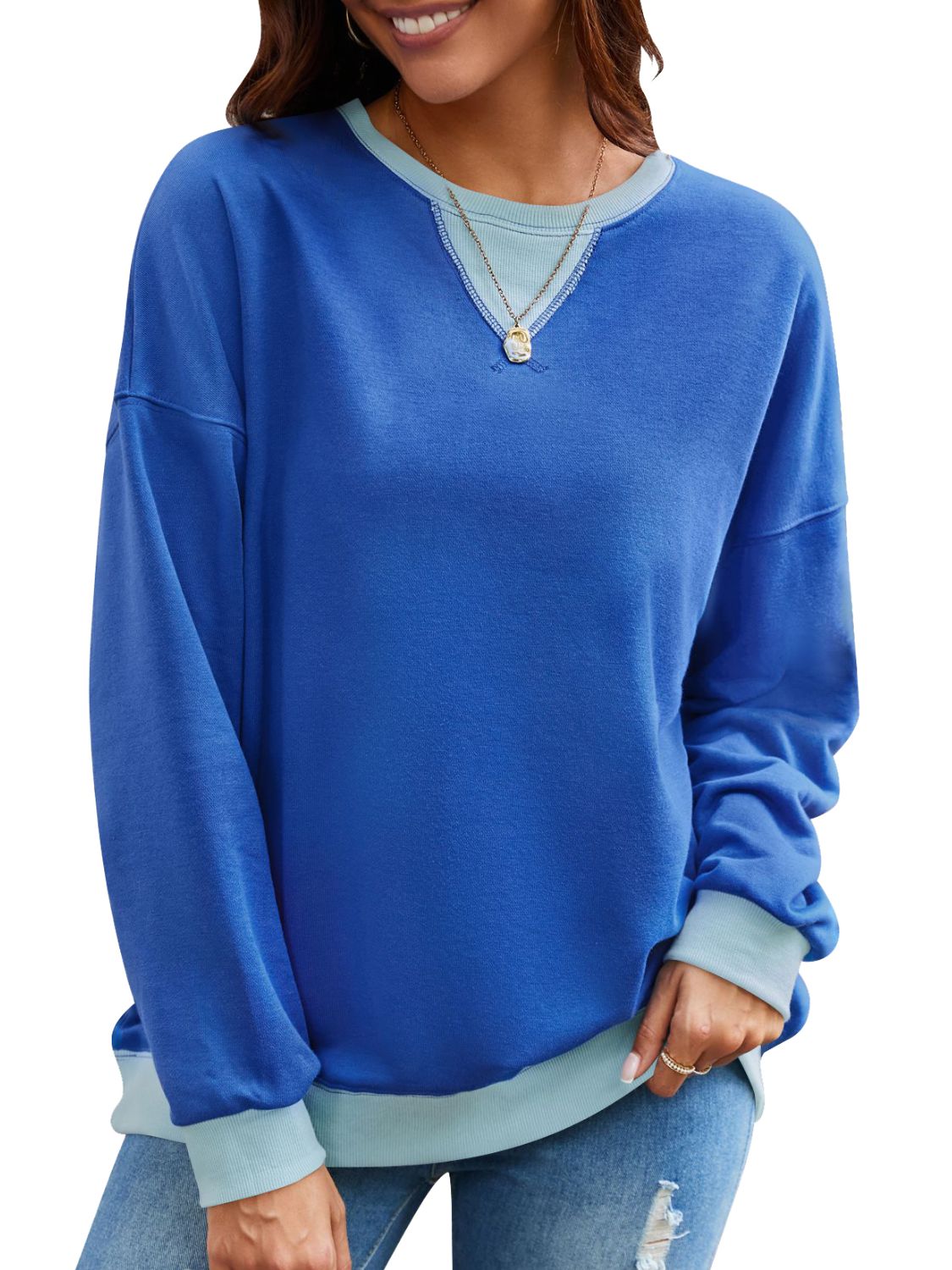 Women's Contrast Long Sleeve Sweatshirt Navy