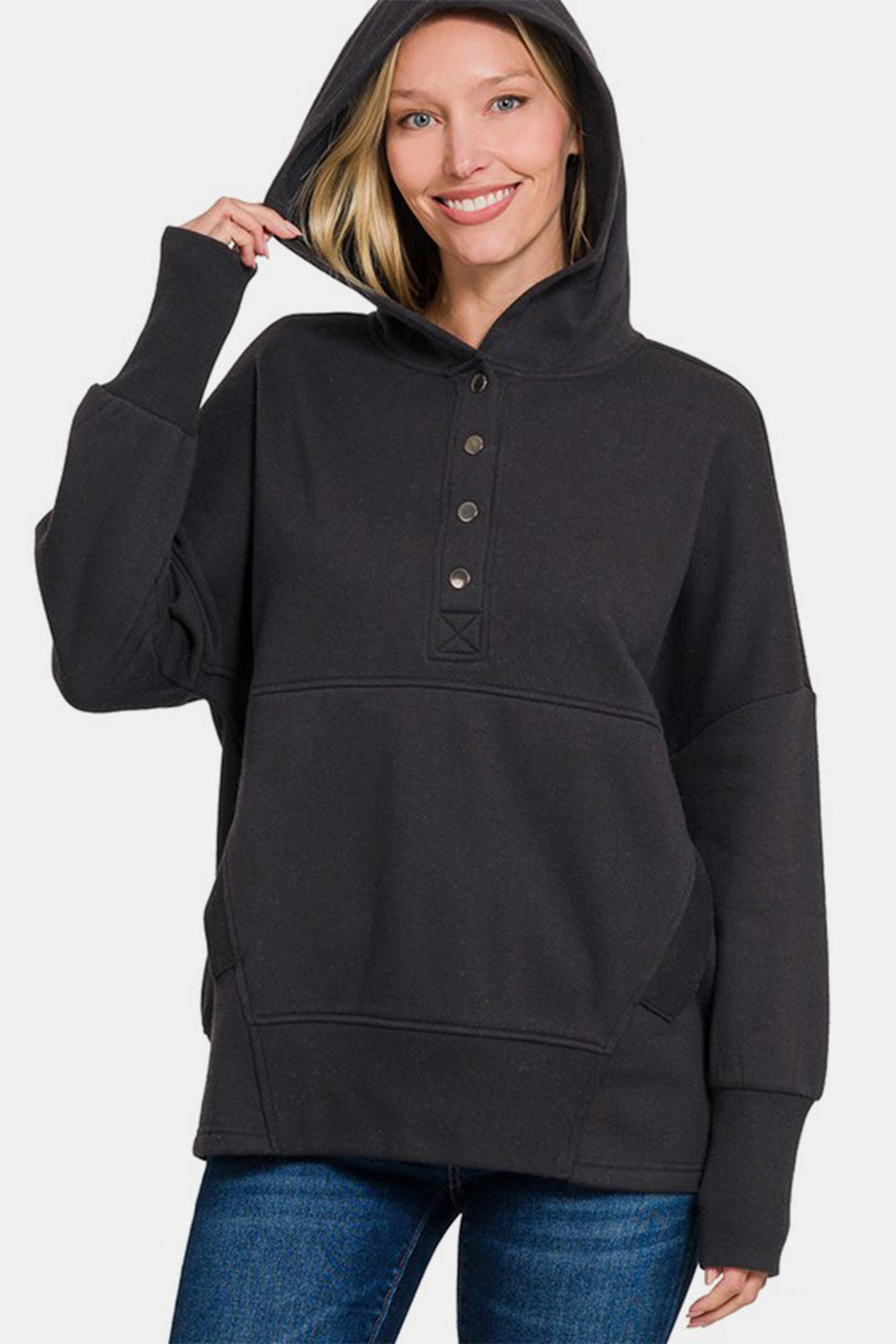 Zenana Half Snap Long Sleeve Hoodie with Kangaroo Pocket Black