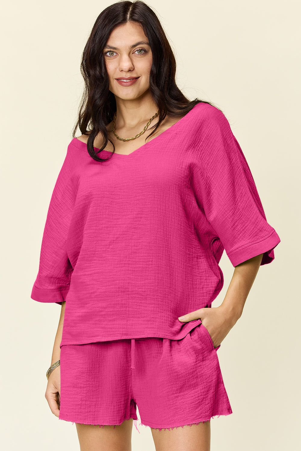 Textured Cotton T-Shirt and Drawstring Shorts Set Hot Pink