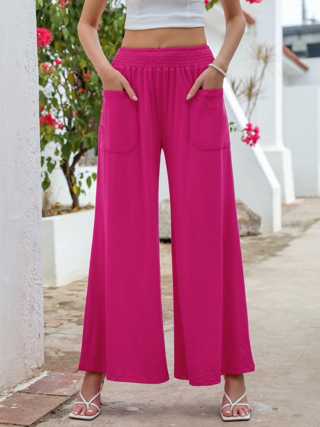 Pocketed Elastic Waist Wide Leg Pants Hot Pink