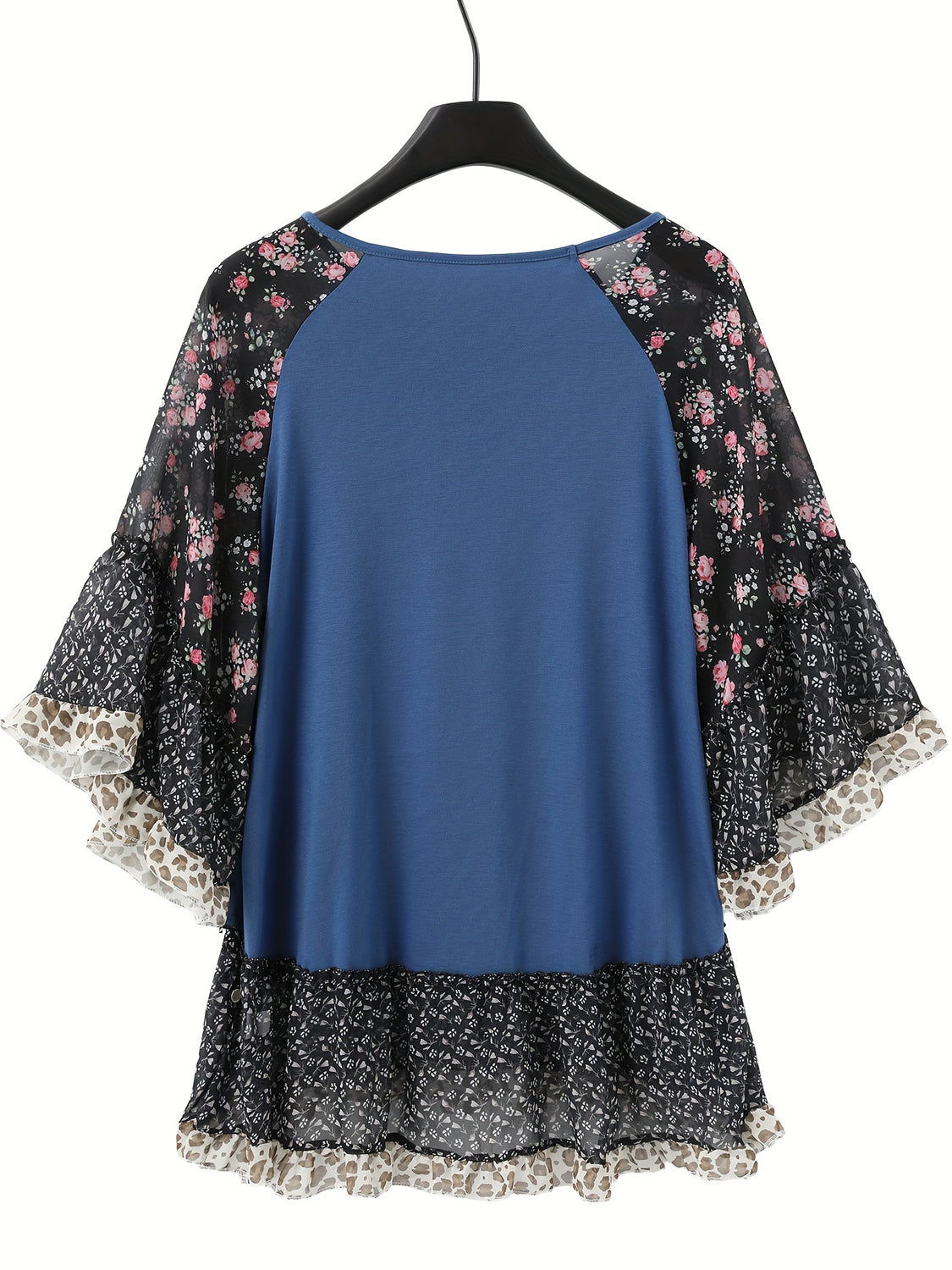 Full Size Frill Printed Round Neck Half Sleeve Blouse Navy