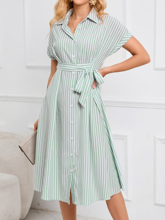 Striped Tie-Waist Midi Dress Light Green