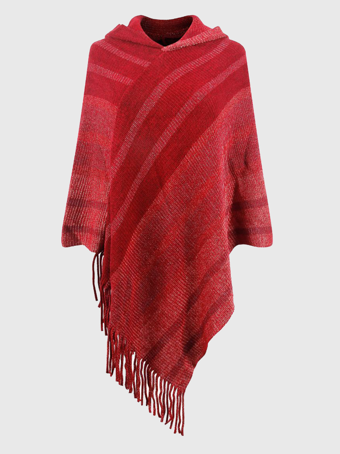 Striped Fringe Hem Hooded Poncho Wine One Size