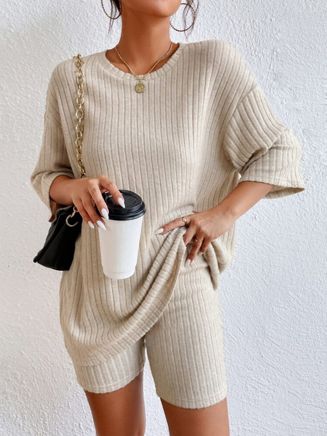 Soft Ribbed Knit Lounge Set Ivory