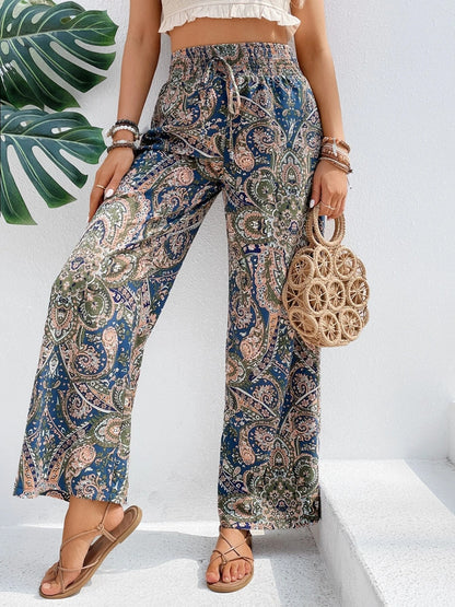 Tie Waist Printed Wide Leg Pants