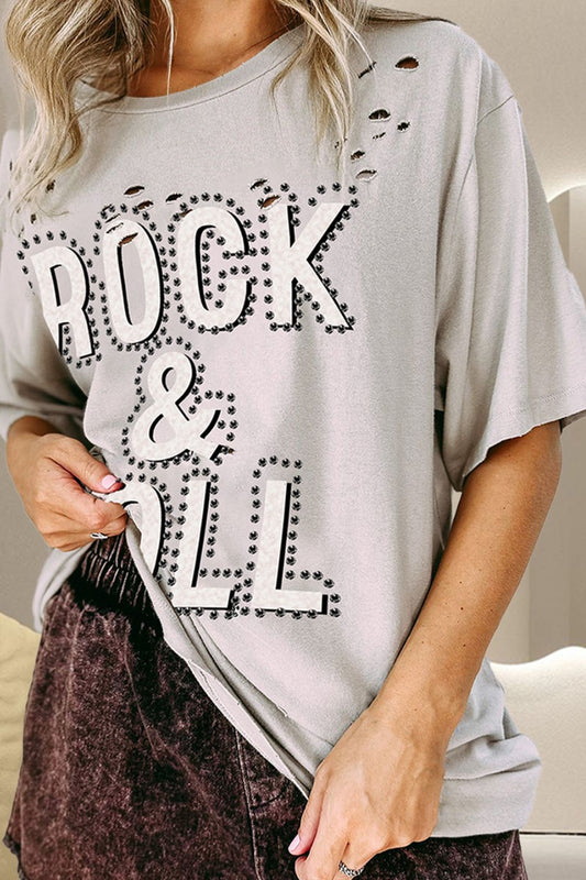 ROCK & ROLL Round Neck Dropped Shoulder T-Shirt Light Gray