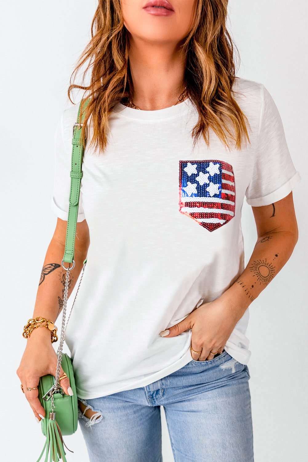 US Flag Round Neck Short Sleeve T-Shirt White