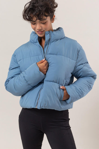 HYFVE Quilted Back Drawstring Puffer Jacket Gray Blue