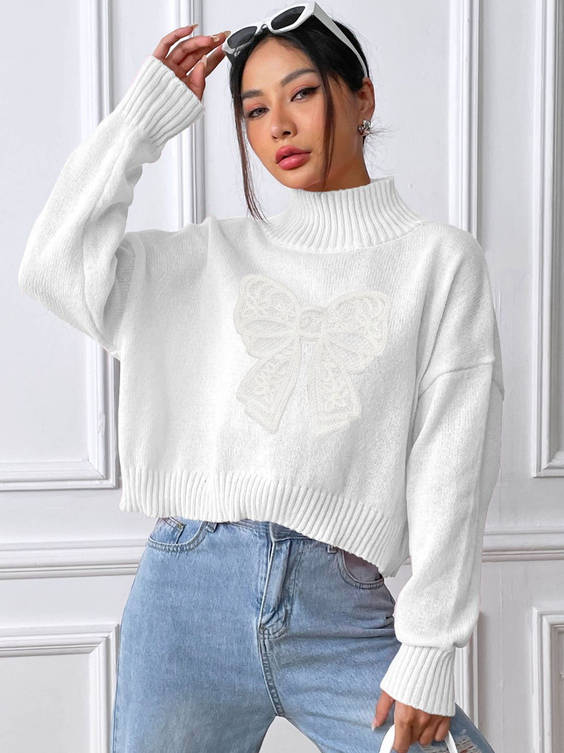 Bow Turtleneck Long Sleeve Sweater White