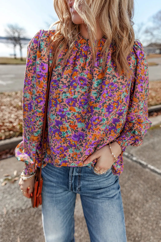 Floral Round Neck Long Sleeve Blouse Purple