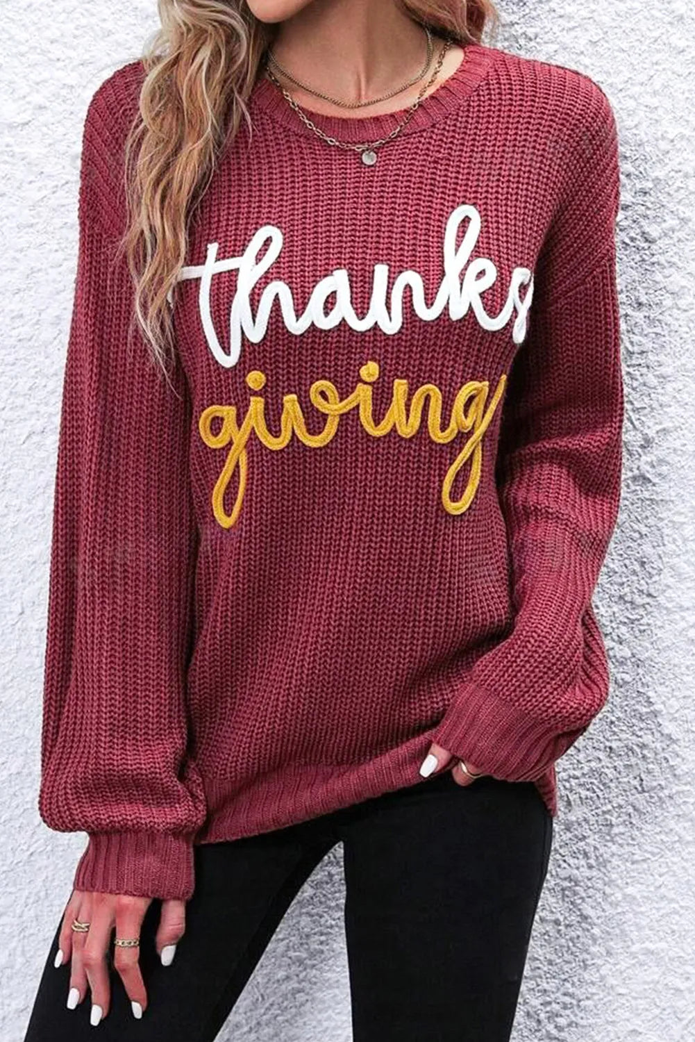 THANKSGIVING Round Neck Long Sleeve Sweater Burgundy