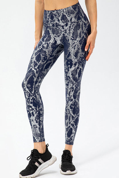 Animal Print Slim Fit Wide Waistband Long Sports Pants Dark Blue