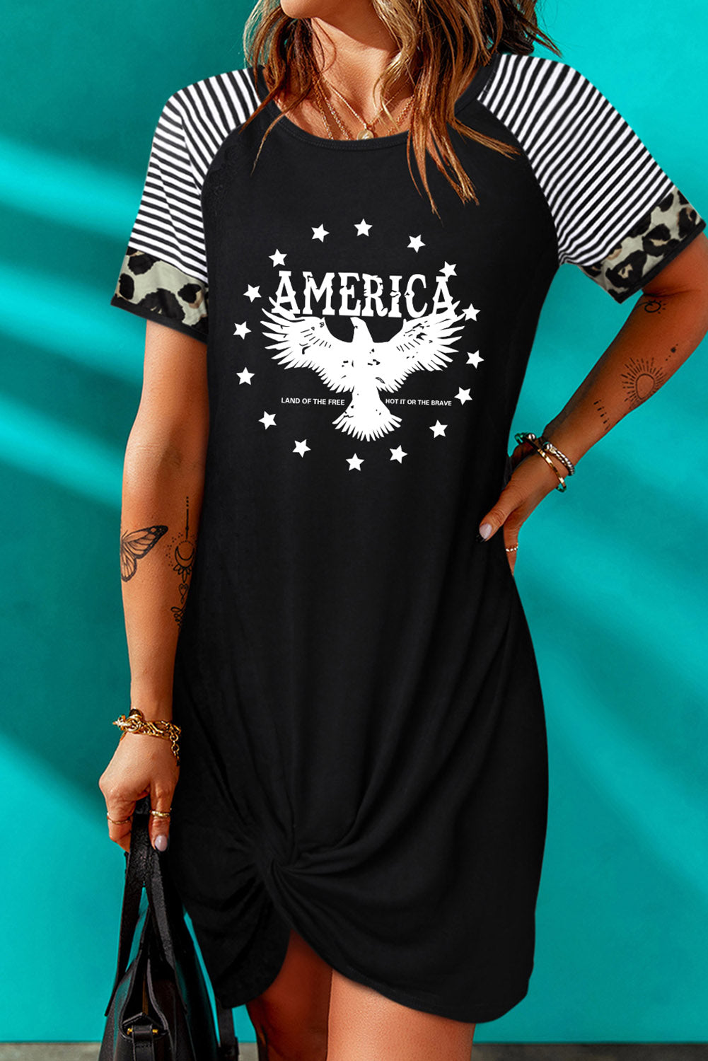 Patriotic Twist Dress with Eagle Graphic Black