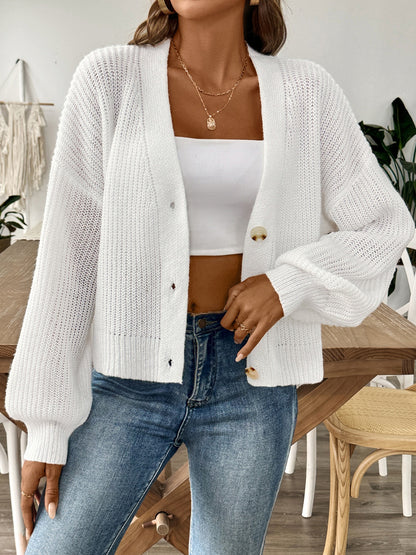 V-Neck Button Up Long Sleeve Cardigan White