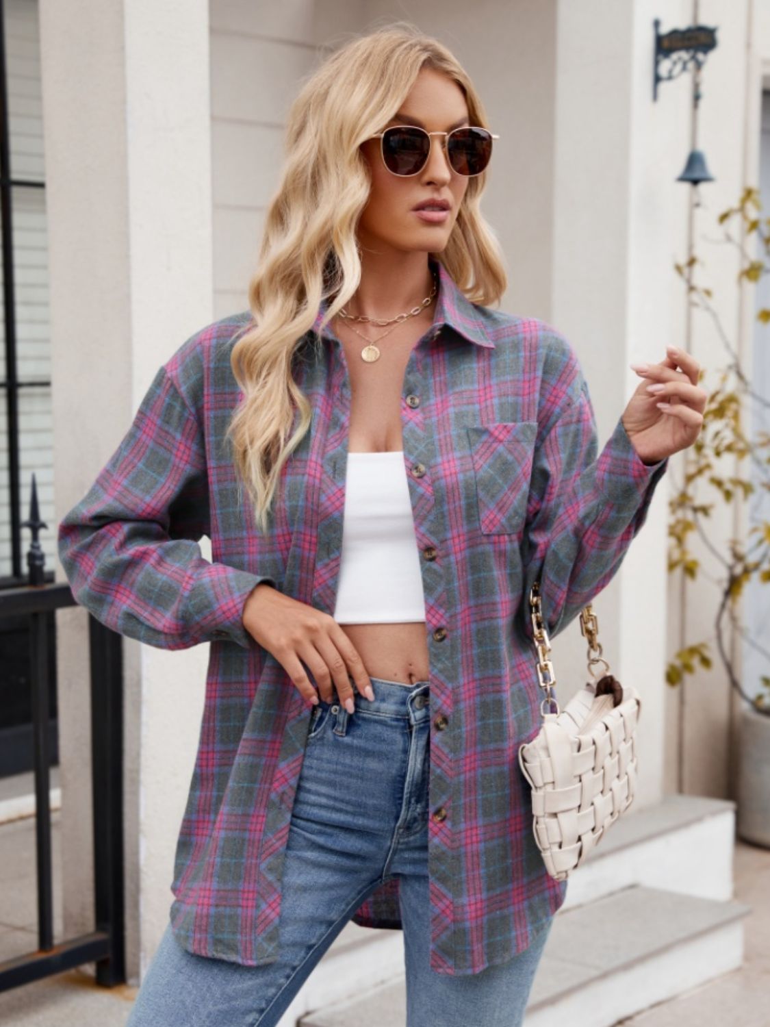 Pocketed Plaid Collared Neck Long Sleeve Shirt Red-Violet