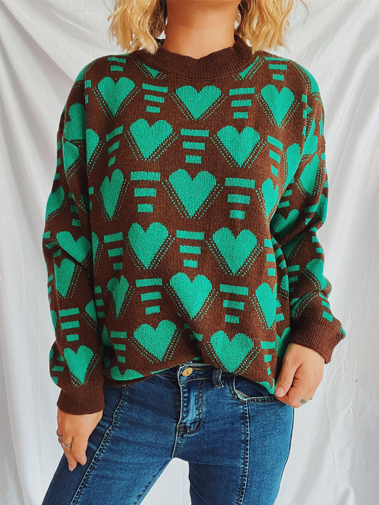 Heart Contrast Long Sleeve Dropped Shoulder Sweater Brown One Size