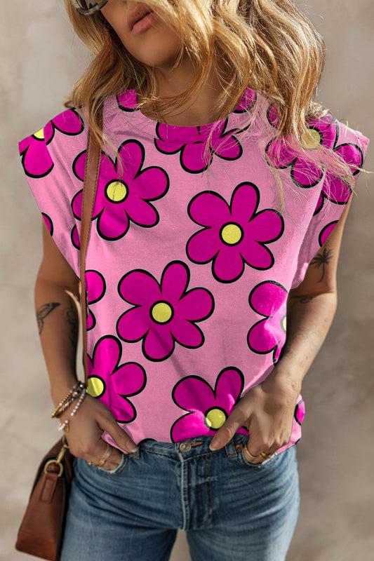 Printed Round Neck Cap Sleeve T-Shirt Floral