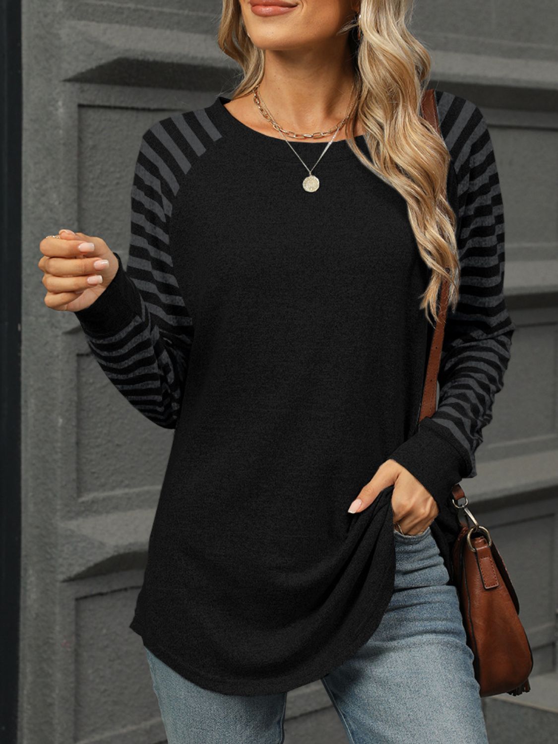 Striped Round Neck Long Sleeve T-Shirt Black