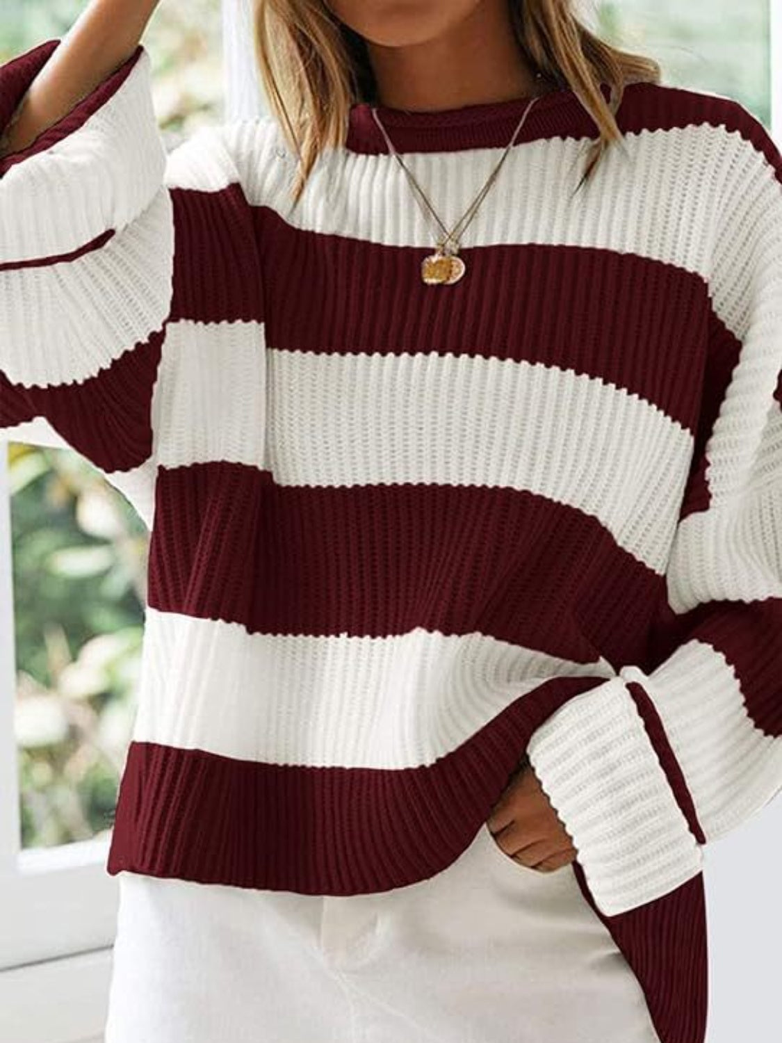 Round Neck Long Sleeve Sweater Burgundy