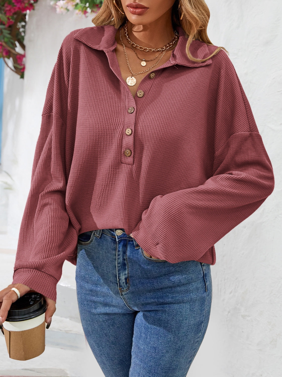 Half Button Collared Neck Long Sleeve Top Cerise