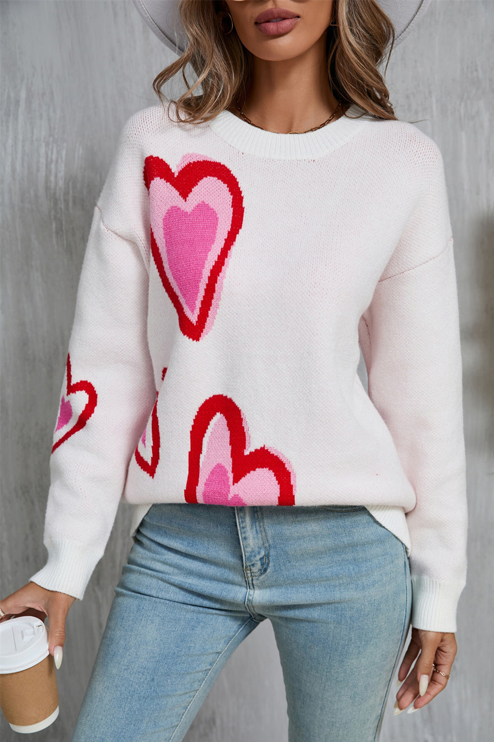 Angel Wings Heart Round Neck Long Sleeve Sweater White