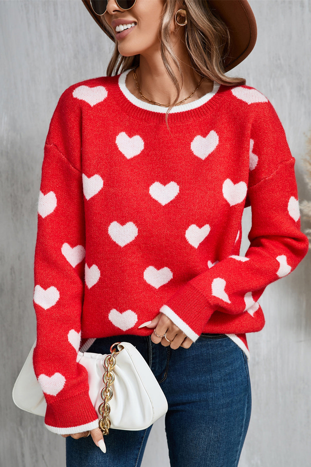 Angel Wings Contrast Trim Heart Round Neck Sweater Red