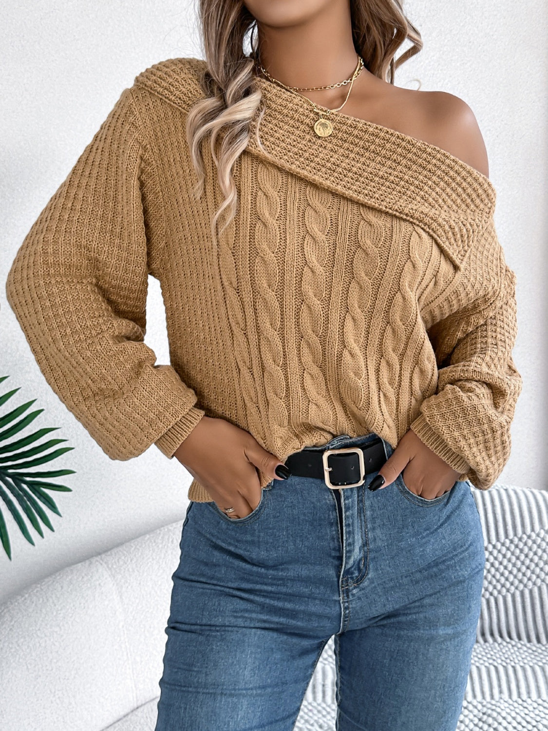 Cable-Knit One Shoulder Long Sleeve Sweater Camel