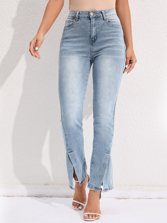 Slit Buttoned Jeans with Pockets Light