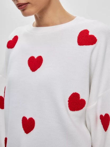 Heart Round Neck Dropped Shoulder Sweater