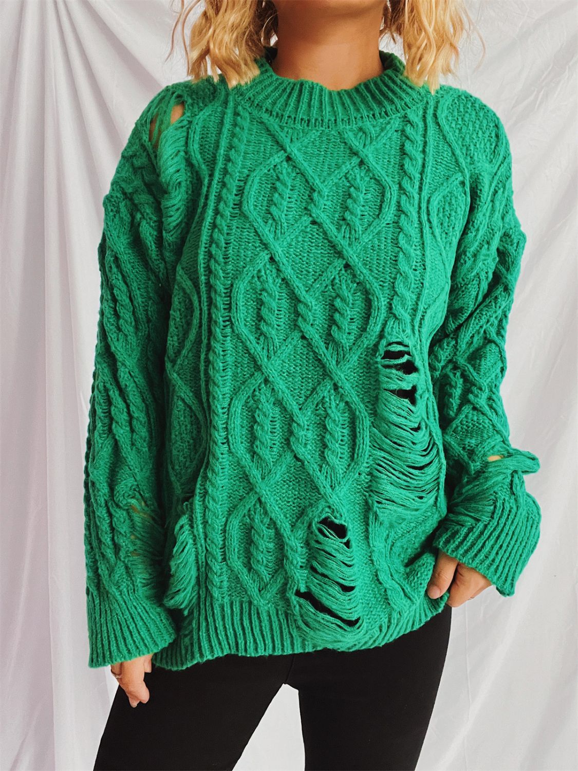 Distressed Cable-Knit Round Neck Long Sleeve Sweater Green One Size