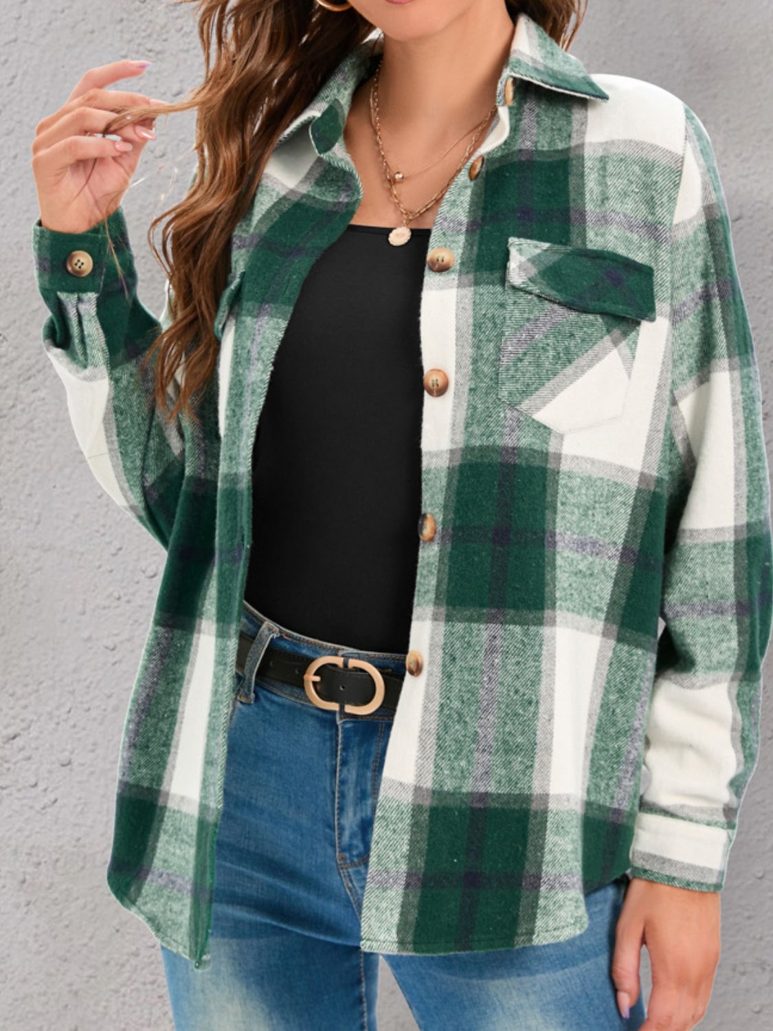 Plaid Shacket with Pockets and Collar Dark Green