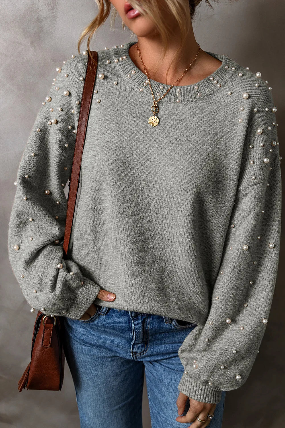 Pearl Detail Round Neck Long Sleeve Sweater Gray