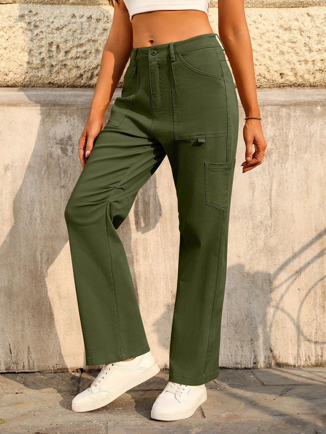 Mid-Rise Waist Pants with Pockets Dark Green