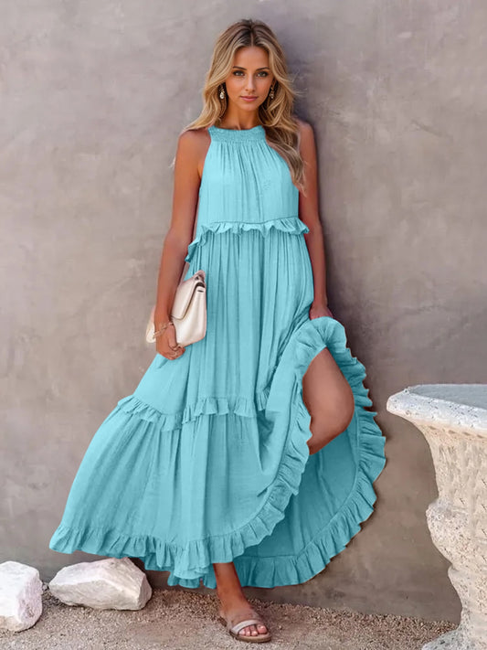 Smocked Tiered Maxi Dress with Pockets Sky Blue