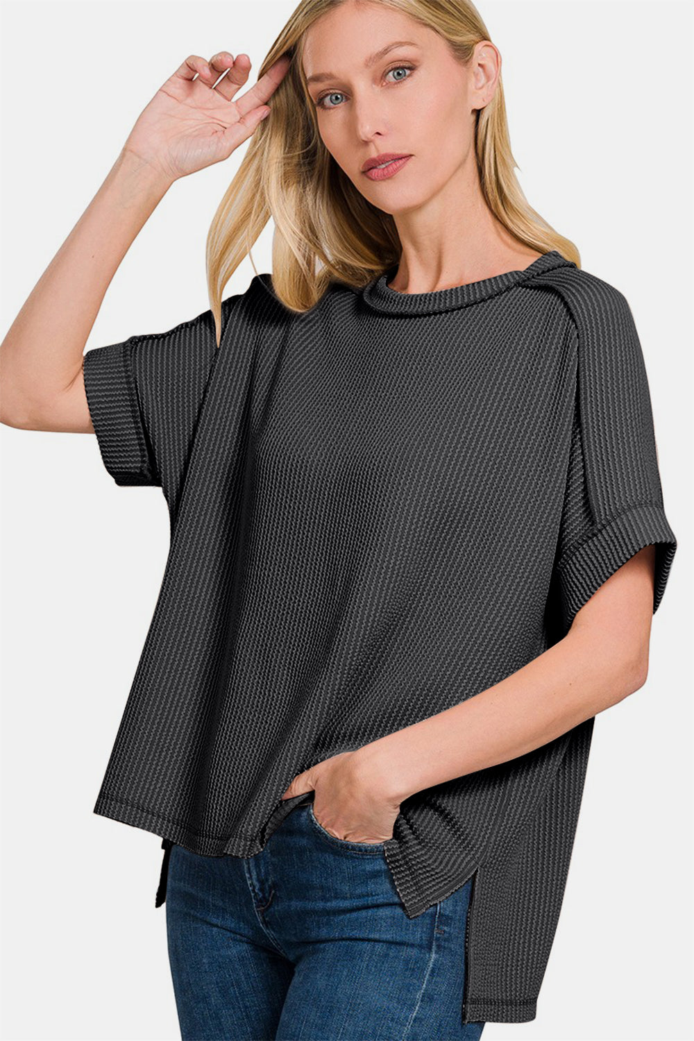 Zenana Ribbed Exposed Seam High-Low T-Shirt