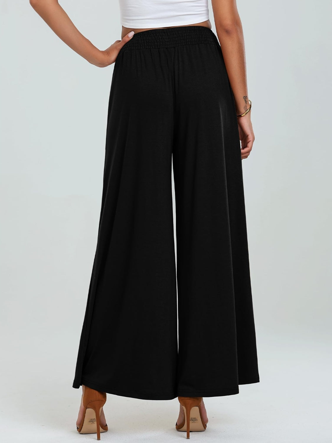 Pocketed Elastic Waist Wide Leg Pants Black