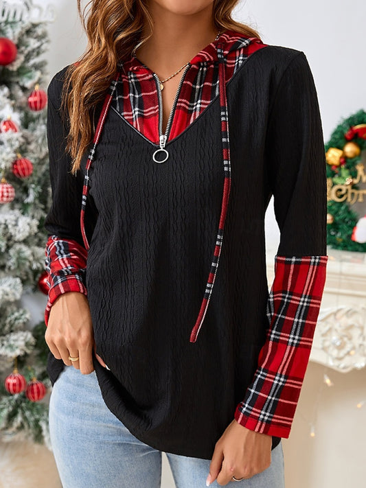 Plaid Quarter Zip Hooded T-Shirt Black