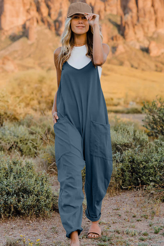 Sleeveless V-Neck Jumpsuit with Pockets Peacock Blue