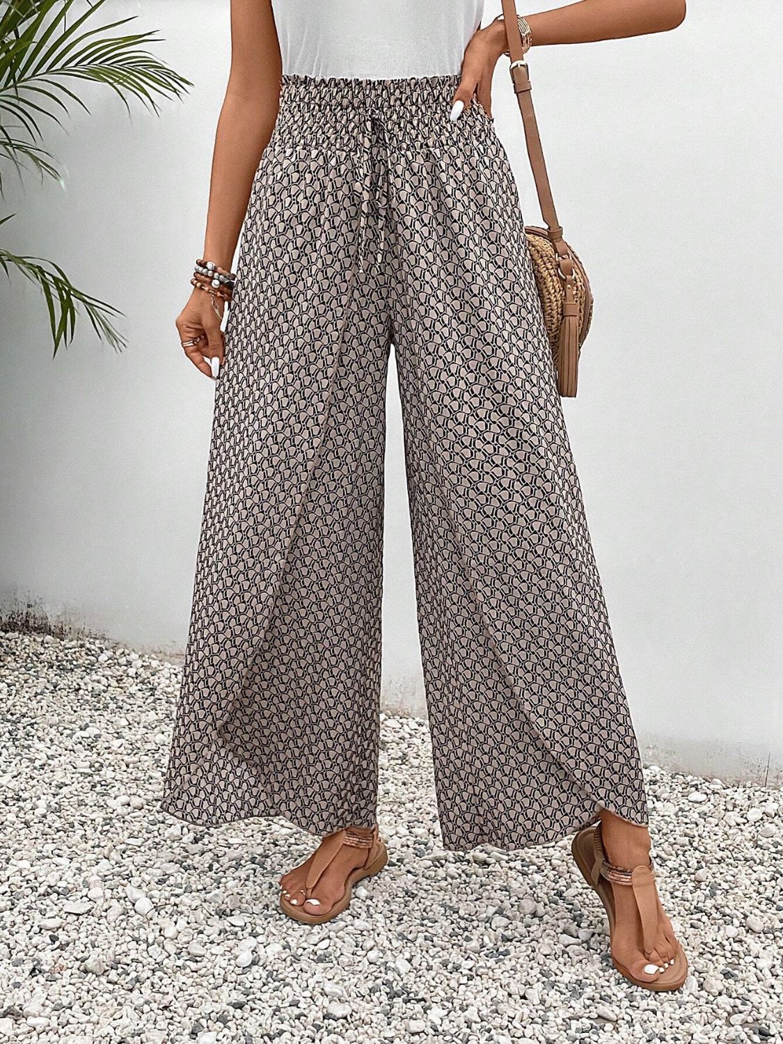 Tied Printed Wide Leg Pants Light Gray