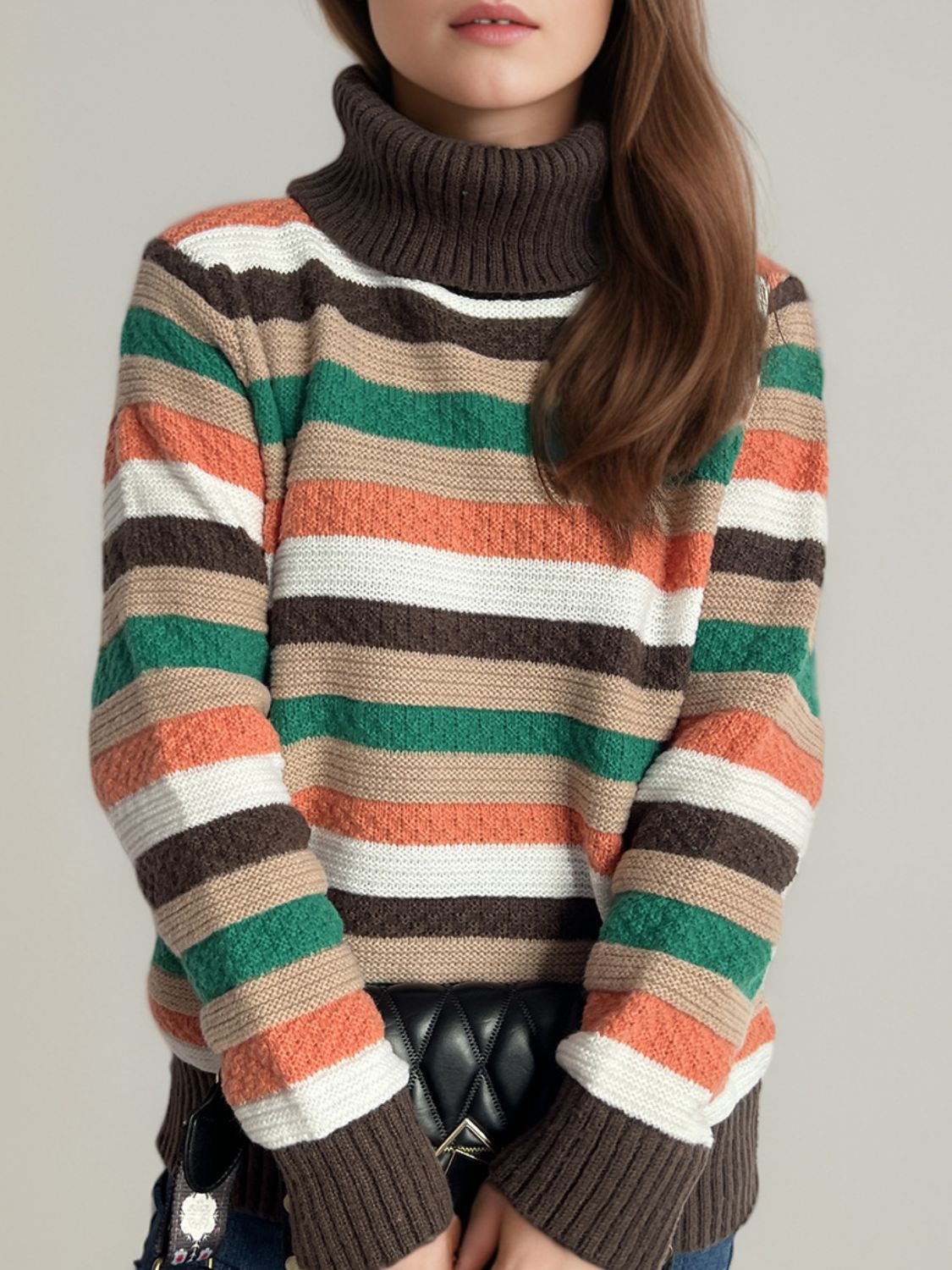 Contrast Stripes Turtleneck Long Sleeve Sweater Chocolate One Size