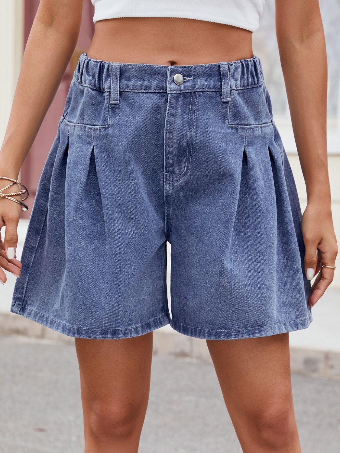 Ruched Half Elastic Waist Denim Shorts Dusty Blue