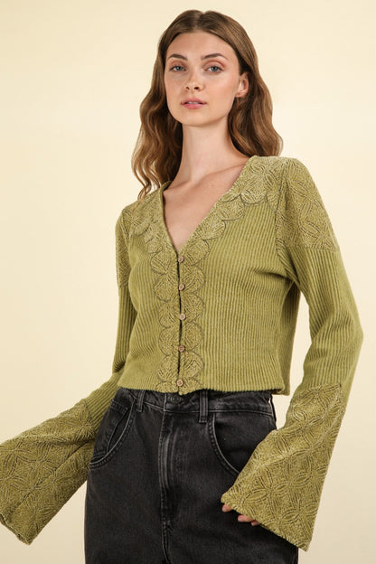 VERY J V-Neck Lace Detail Button Down Crop Ribbed Knit Top Olive