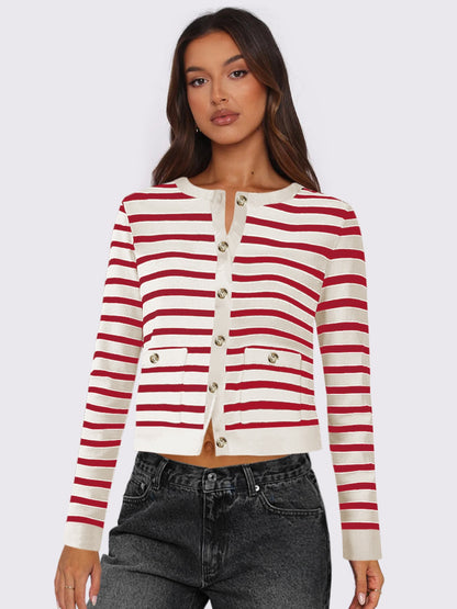 Striped Round Neck Button Up Long Sleeve Cardigan Deep Red