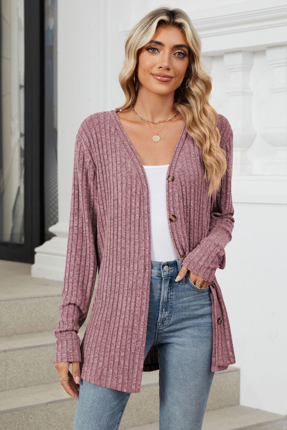 Ribbed Button Up Long Sleeve Cardigan Plum