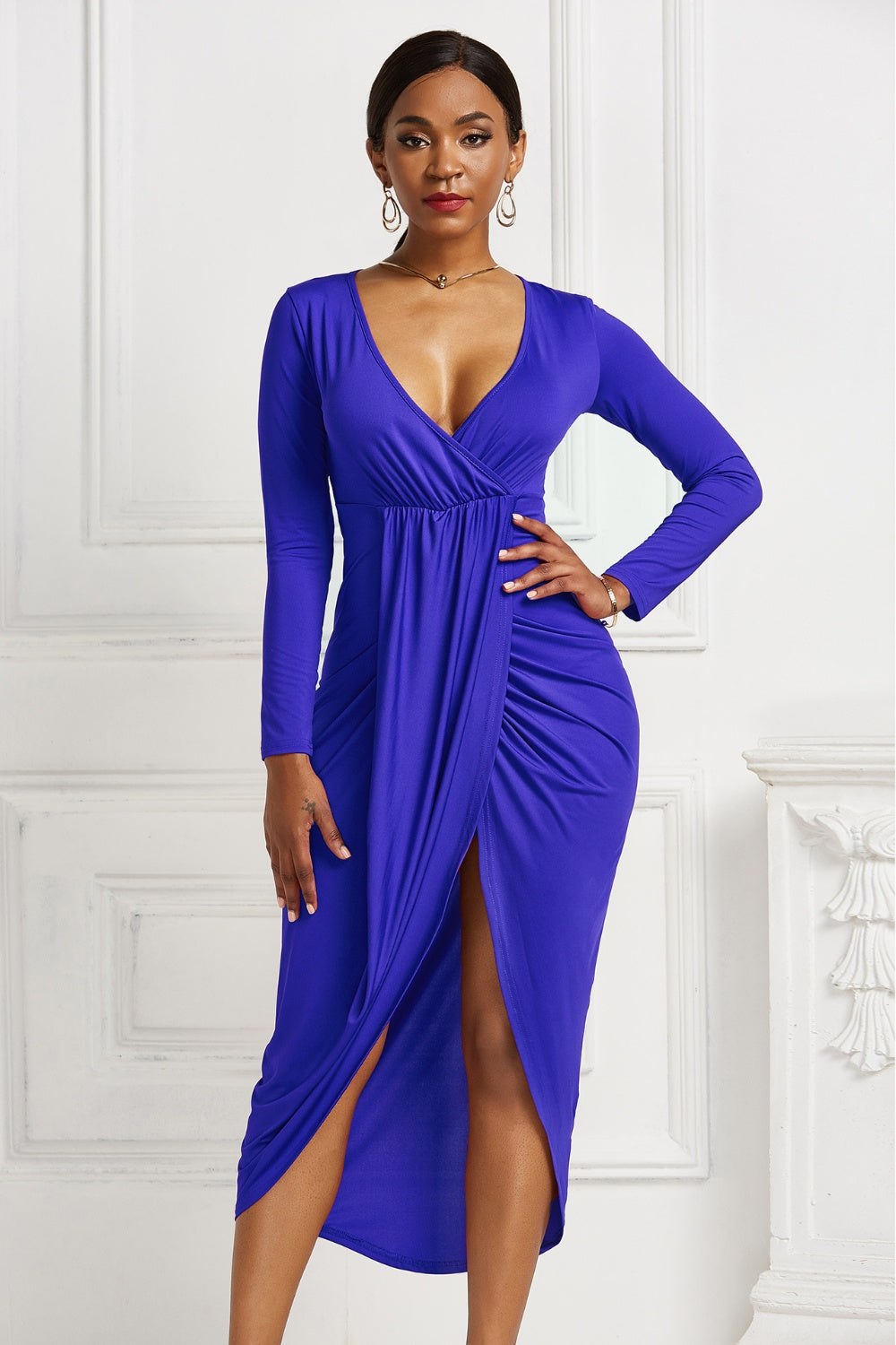 Trendy Ruched High-Low Dress Royal Blue