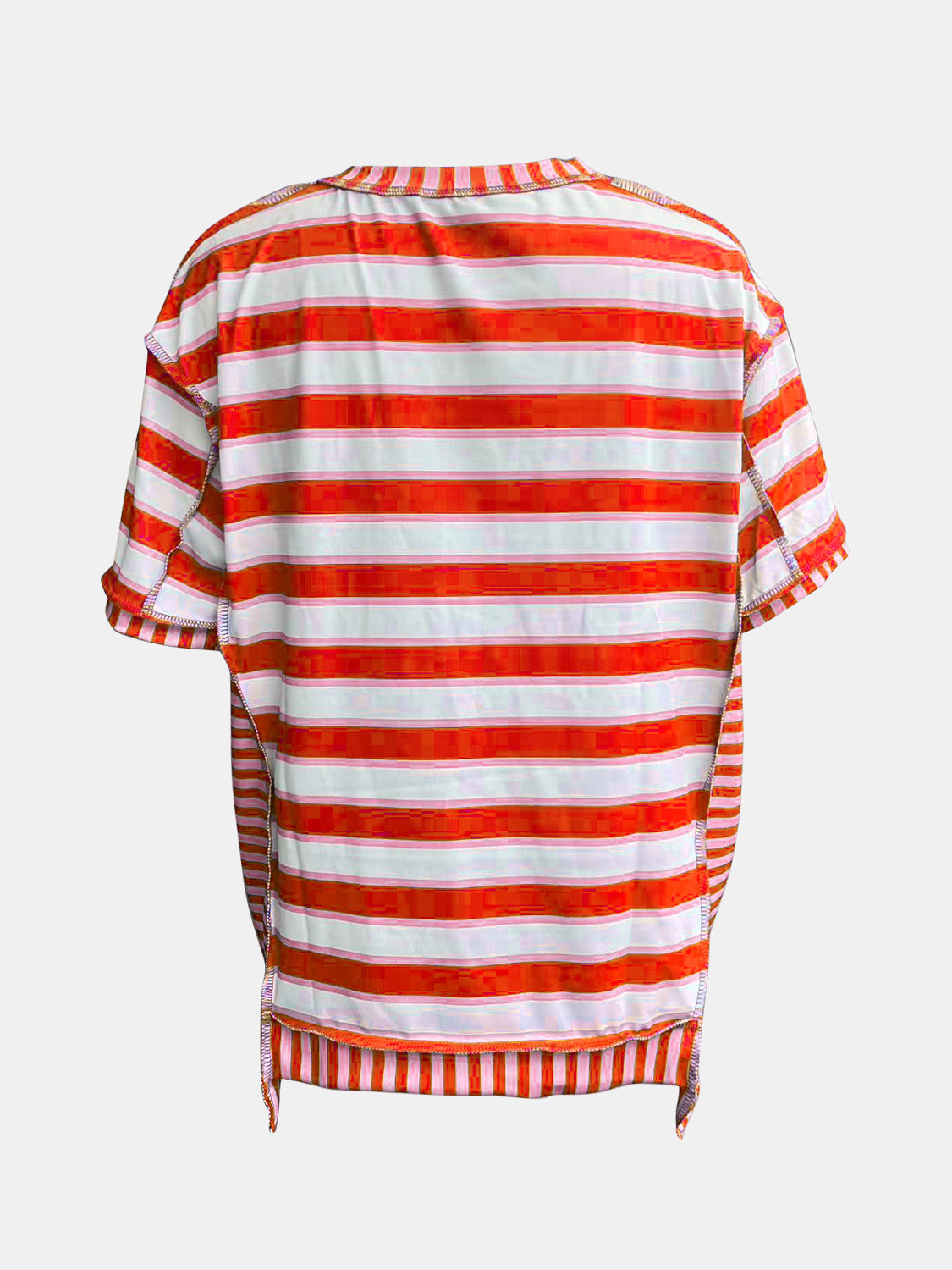 Full Size Contrast Stitching Striped Round Neck T-Shirt