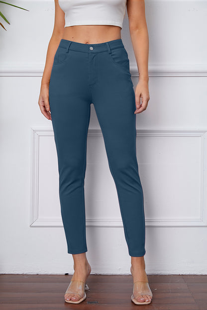 High Waist Stretchy Rayon Blend Pants Dusty Blue