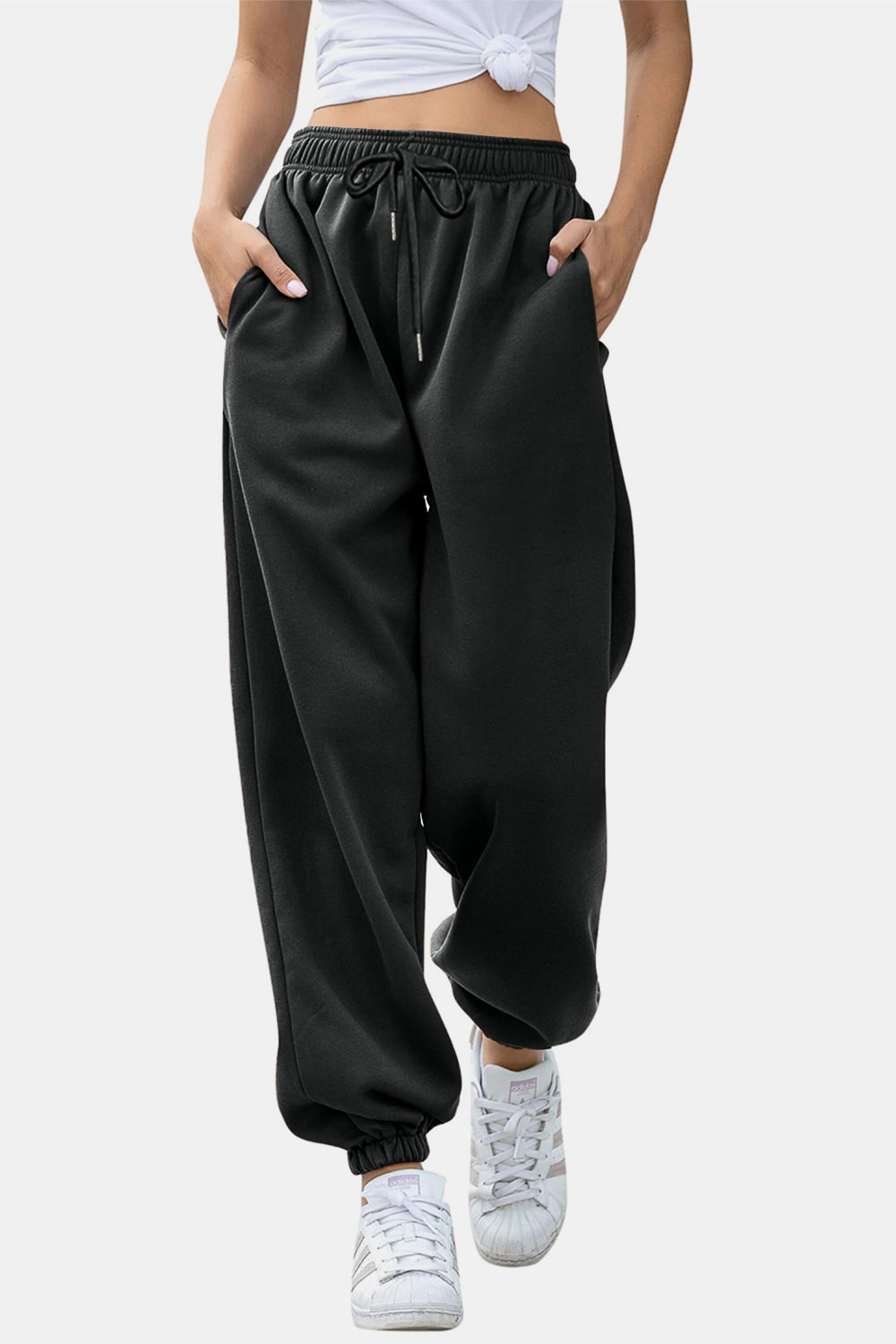 Elastic Waist Joggers with Pockets Black