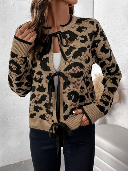 Perfee Tied Leopard Long Sleeve Cardigan Tan